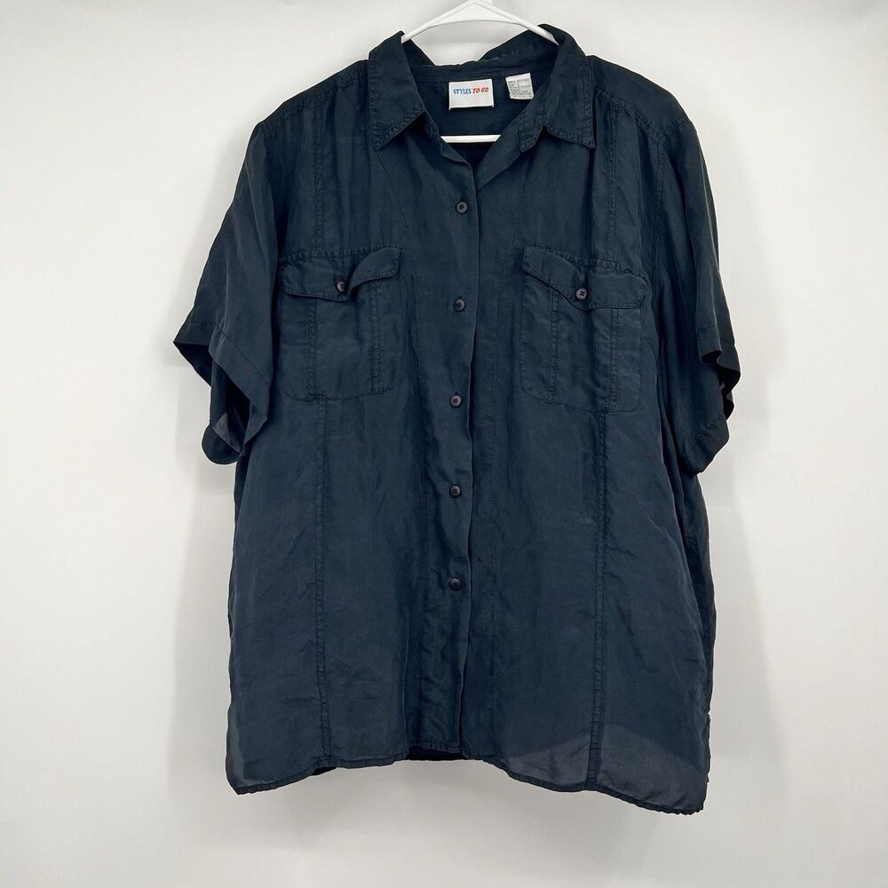 Vintage Styles To Go Womens Large Black 100% Silk Button Blouse Classy